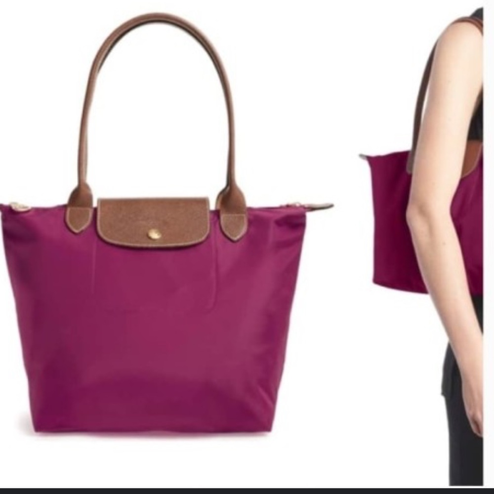 LONGCHAMP large Le Pliage' Tote In Dahlia Nylon Shoulder Tote Bag with leather